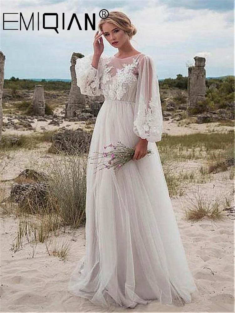 

Fabulous Pleat Puff Sleeve Wedding Gowns,A-line Tulle Lace Bridal Gown, Appliques Boho Wedding Dress,Vestido De Noiva
