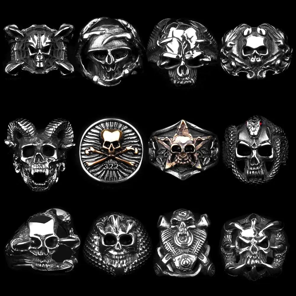 Stainless Steel Men Gothic Skull Head Rings Skeleton Punk Hip Hop Male Boy Jewelry Creativity Gift