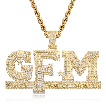 

Iced Out Letters Pendant Necklace New Arrival God FAMILY MONEY AAA Iced Out Cubic Zircon Men's Charms Necklace Hip Hop Jewelry