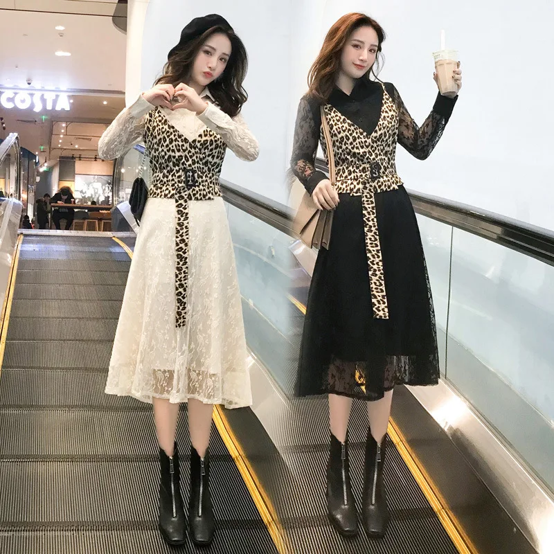 

2019 Spring New Style Leopord Pattern Camisole Shirt Collar Mid-length Hollow out Lace Dress Women's Two-Piece Set