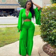 

Solid Two Piece Set Women's Tracksuit Deep V Neck Ruffle Flare Sleeve Crop Top and High Waist Wide Leg Trouser Suits New Outwear