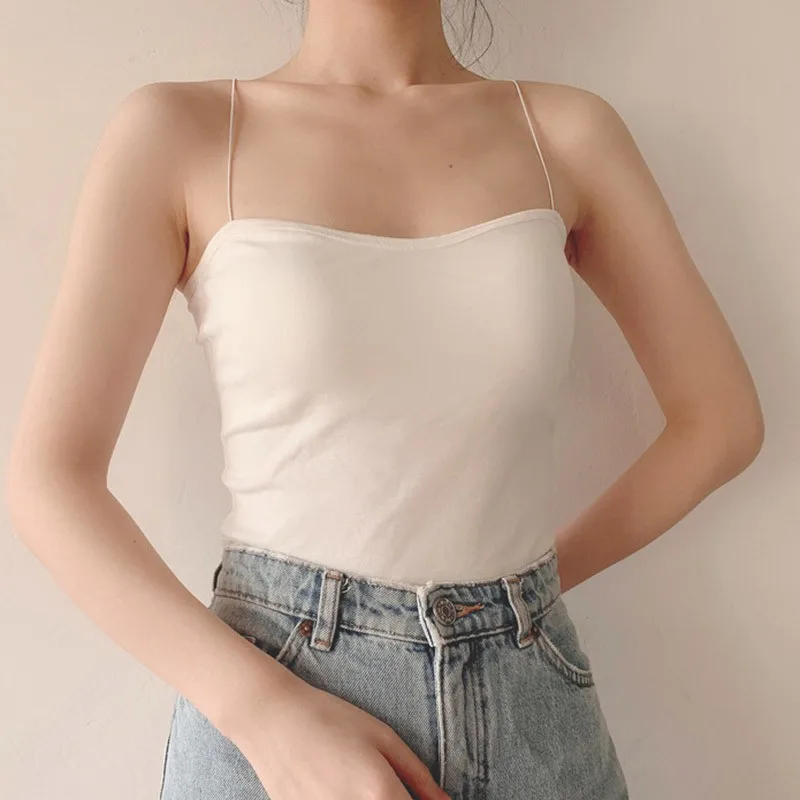 

Summer Women Sling Tank Top Cotton Breathable Chest Pad Wearing Underwear Solid Color Thin Strap Beautiful Back Tube Top
