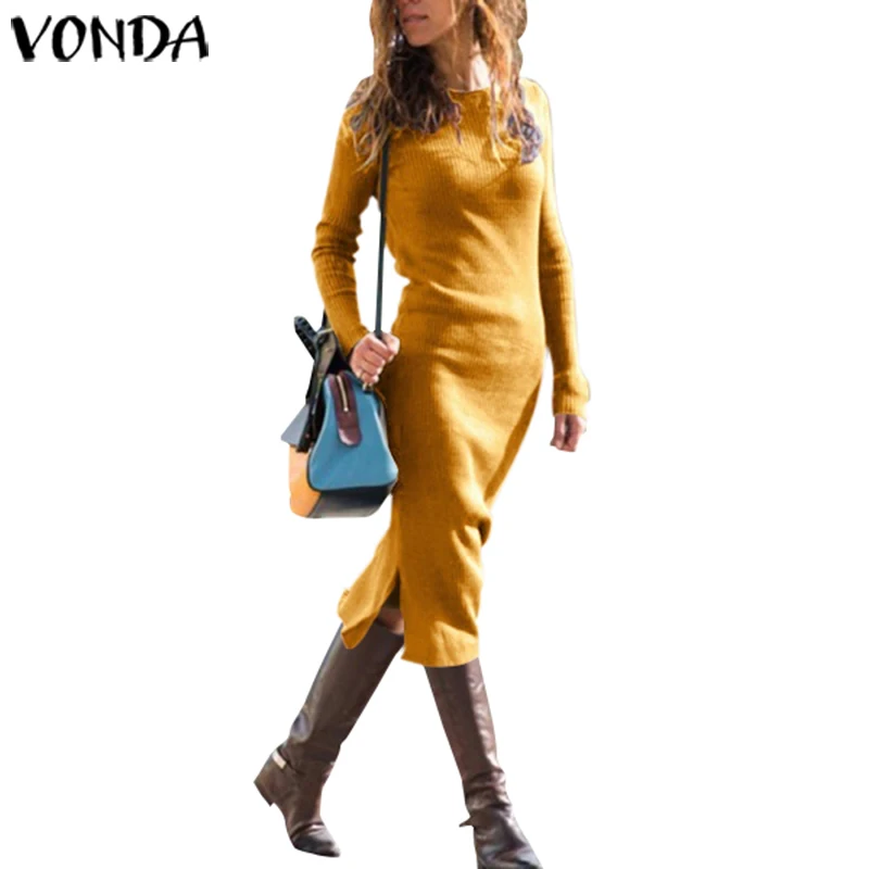 S-5XL, женские свитера, платье, VONDA, осень, длинный рукав, обтягивающее платье, трикотаж, для офиса, женский сарафан, богемное платье, мешковатые - Цвет: Цвет: желтый