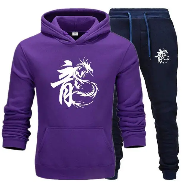 purple navy Комплект из двух предметов, модные толстовки с капюшоном, спортивная одежда для мужчин, спортивный костюм с капюшоном, осенняя брендовая одежда, толстовки+ штаны, мужские комплекты - Цвет: purple navy