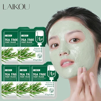 5pcs LAIKOU Tea Tree Mud Mask Moisturizing Oil-Control Deep Cleansing Shrink Pore Plant Essence Face Mask Skin Care