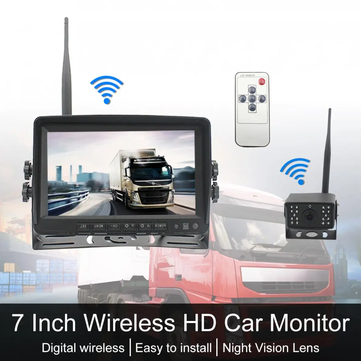 

7 Inch 1080P Wireless Backup Camera System Wide LCD Display Monitor Waterproof Infrared Night Vision Camerafor Bus Truck Boat