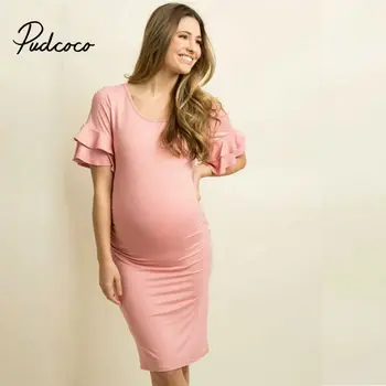 

pudcoco Women Pregnant Autumn Dresses Maternity O-Neck Long Sleeve Solid Ruffles Sexy Photography Mini Dress 3 colour