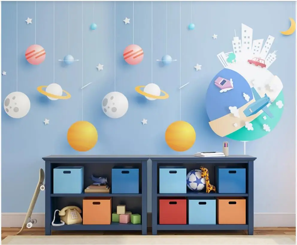 

wallpaper 3 d custom mural on the wall Cute cartoon planet city airplane children room home decor photo Wallpaper to the nursery