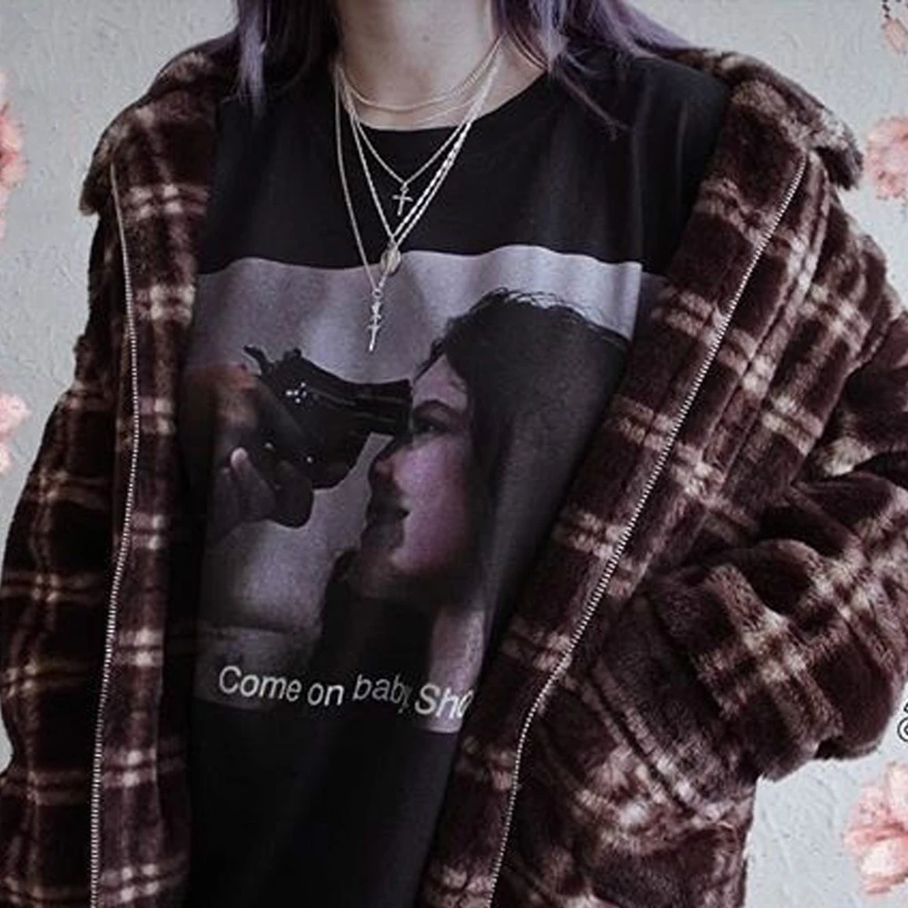 Летняя модная забавная футболка для мужчин и женщин Come on Baby Shoot Me Винтажная