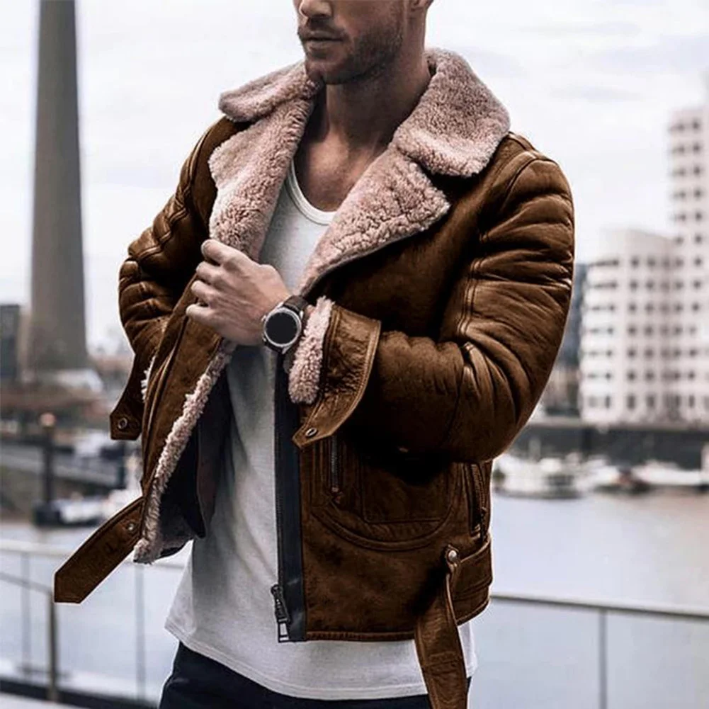 Модная мужская куртка из искусственной кожи с воротником с лацканами и длинным рукавом, теплая верхняя одежда