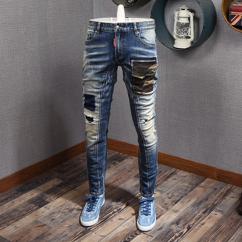 Fashion Streetwear Men Jeans High Quality Slim Ripped Jeans Men Spliced Punk Pants Designer Camouflage Pocket Hip Hop Jeans Men Fashion Streetwear Men Jeans High Quality Slim Ripped Jeans Men Spliced Punk Pants Designer Camouflage Pocket Hip Hop Jeans Men