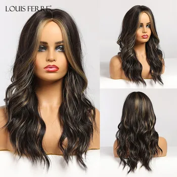

LOUIS FERRE Black Brown Golden Highlight Wigs Cosplay Long Water Wave Middle Part Synthetic Wigs for Women Heat Resistant Fibre