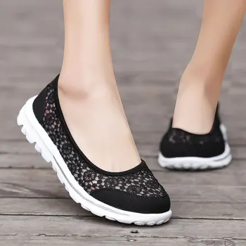 

Leisure Soft weave single shoes ladies air mesh cutout lace ballet ballerina flat shoes woman summer breathable cloth shoes