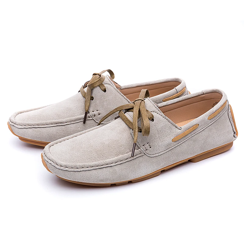 

High quality Suede leather loafers lace up boat shoes men Handmade flat comfortable lazy driving casual shoes rubber sole design
