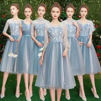

Formal Bridesmaid Dresses For Women R222 Sexy Lace Top A-Line Wedding Party Gowns Long Sleeve Floor Length Vestido De Festa