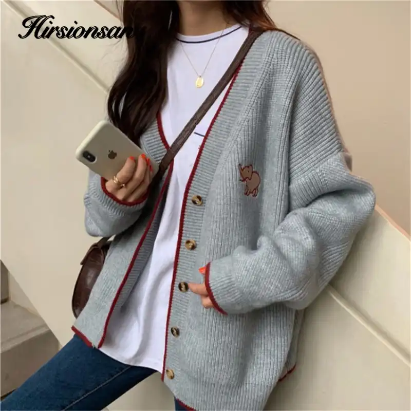 Hirsionsan Vネックニットカーディガン女性 春象刺繍グラフィックセーターシックな韓国特大の女性の服 Cardigans Aliexpress