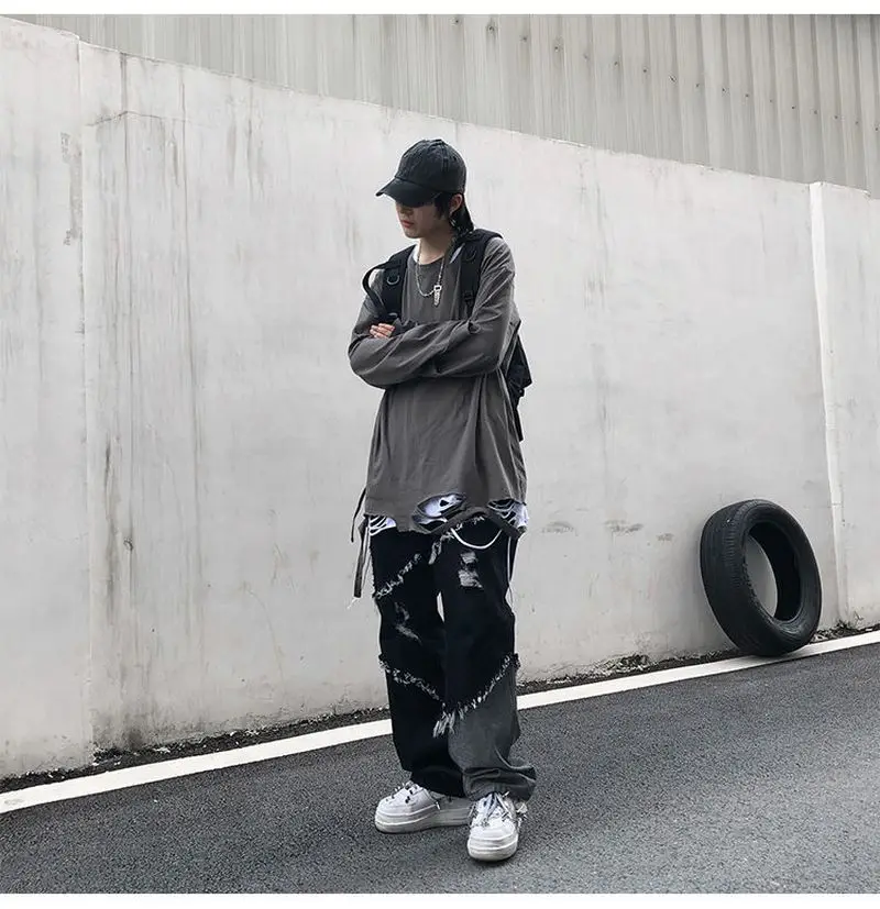 Korean New Fashion Tassel Contrast Jeans Trendy Cool High Street Harajuku Style Loose Raw Edge Jeans Men's Trendy