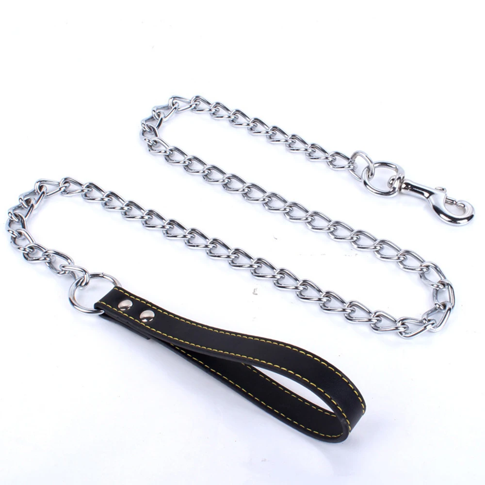 New Heavy Duty Metal Chain Dog Lead With Leather Handle Long Strong Control Leash Outdoor Pet Traction Rope Anti Bite Chain