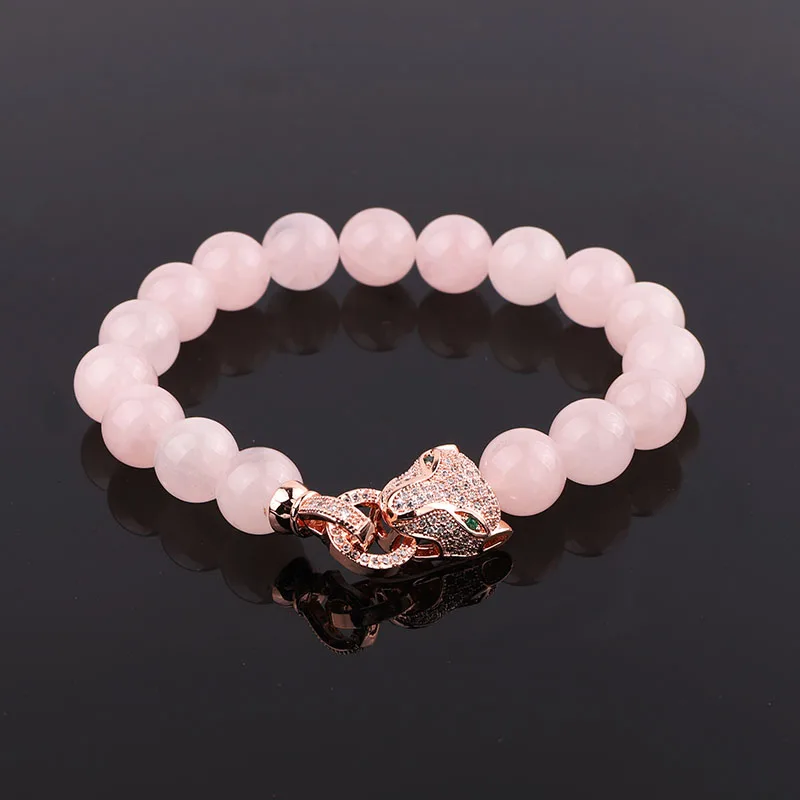 New Design Leopard Bracelet CZ Pave Charm Natural Stone Rose Quartz Howlite Beads Elastic Bracelet Women Men Jewelry Gift - Image 6