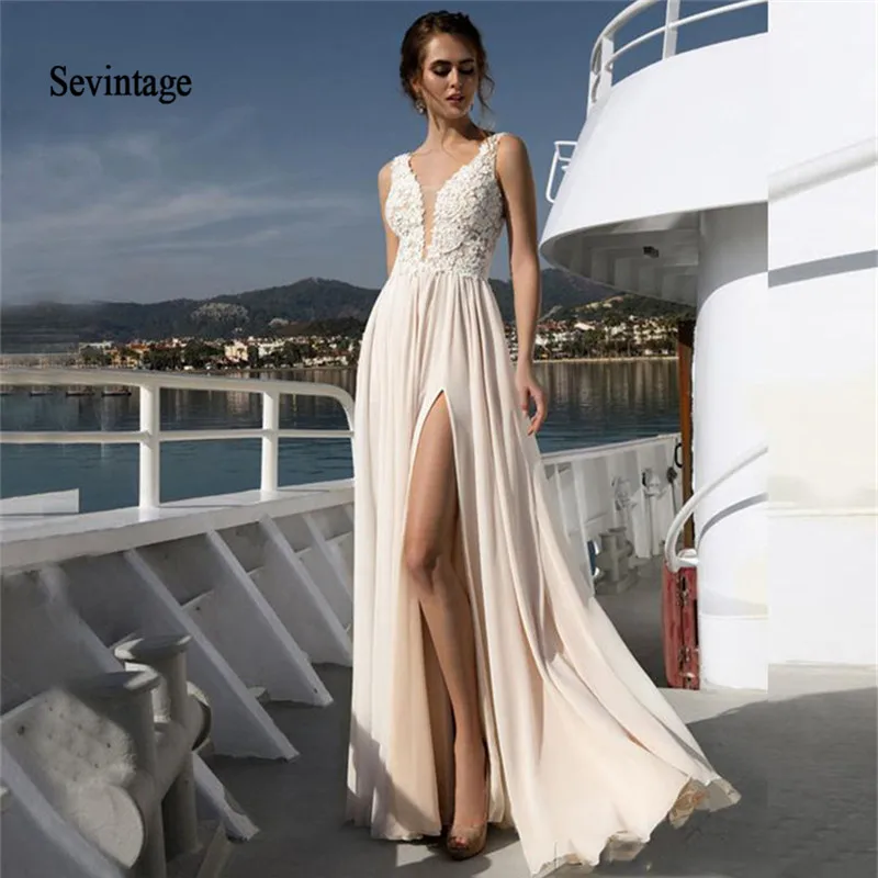 

Sevintage 2020 V Neck Chiffon Boho Wedding Dresses Lace Applique Garden Beach Bridal Gowns Split Side Bride Dress Vestidos