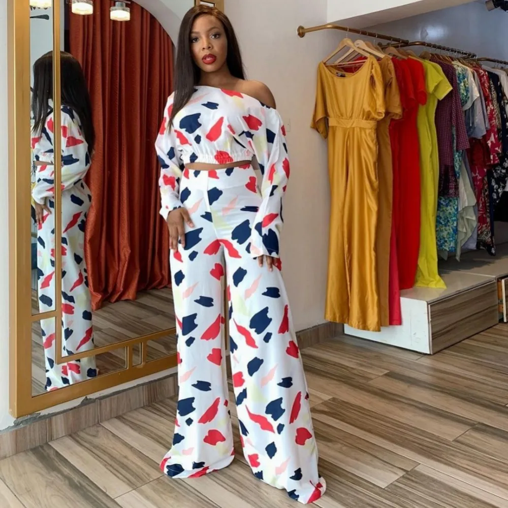 S-XL Print Pantsuit Ladies Diagonal Shoulder Long Sleeve Top + Casual Pants Fashion Sexy Suit Spring And Summer 2021 New