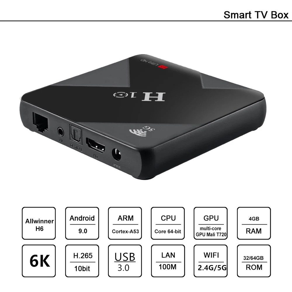 H10 Смарт ТВ коробка Android 9 0 4 Гб оперативной памяти 32 ГБ 64 Rom 6K HDR H.265 VP9 Allwinner H6 Quad-core
