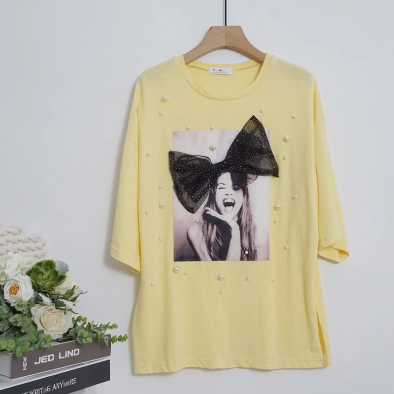 Женские футболки с вышивкой бусинами и принтом из кристаллов, летняя хлопковая рубашка с жемчугом, Корейская футболка с коротким рукавом и круглым вырезом, Футболка Harajuku, уличная одежда