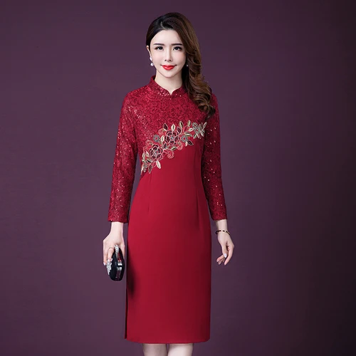 

2019 Autumn New Popular Wind Personality Embroidered Designs Red Mothers Simple Elegant Banquet Woman Casual Dresses Plus Size