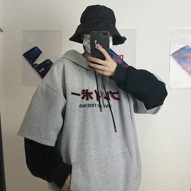 Light Grey Neploe Heavy Letters Embroidery Hooded Sweatshirt Unisex Fleece Hoodies Autumn Winter Fake Two Pieces Jumper Pullover 55571 - Цвет: Light Grey