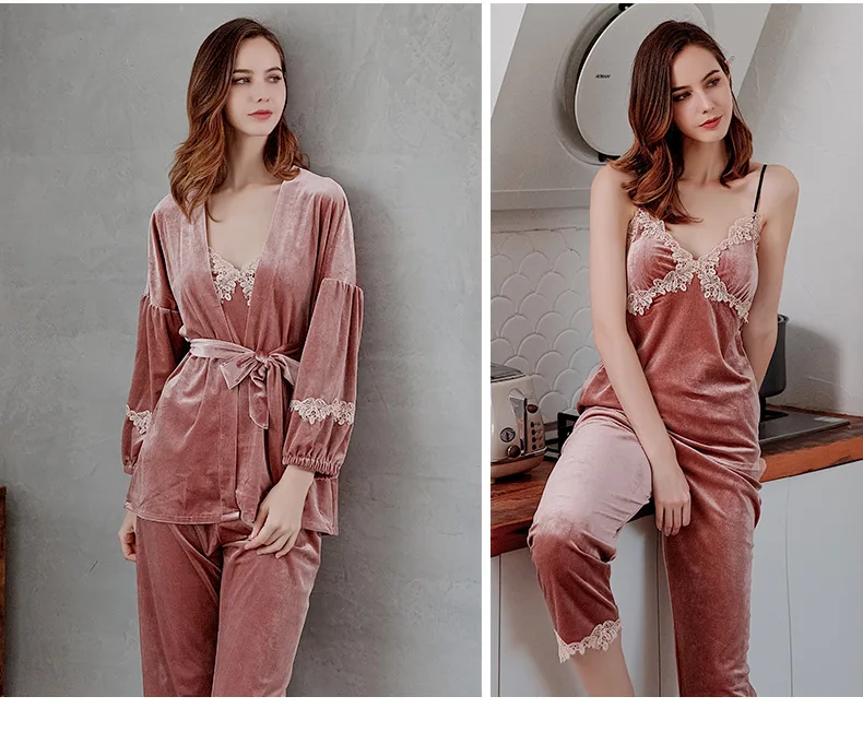Pajamas for Women Gold Velvet Pajamas Autumn Version of Sexy Lace Sling Nightdress Robe Trousers Three-piece Home Clothes