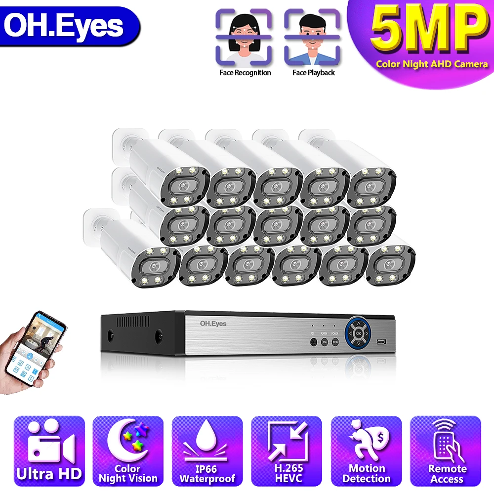 

OH.eyes AHD DVR 16CH Security Camera System 5MP HD Camera Waterproof Full Color Night CCTV Video Surveillance Camera Kit
