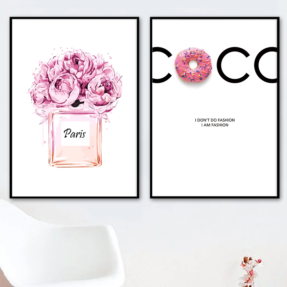 Pink Donuts Watercolour Flower Paris Perfume Art Canvas Painting Nordic Posters And Prints Wall Pictures For Living Room Decor|Painting & Calligraphy| - AliExpress
