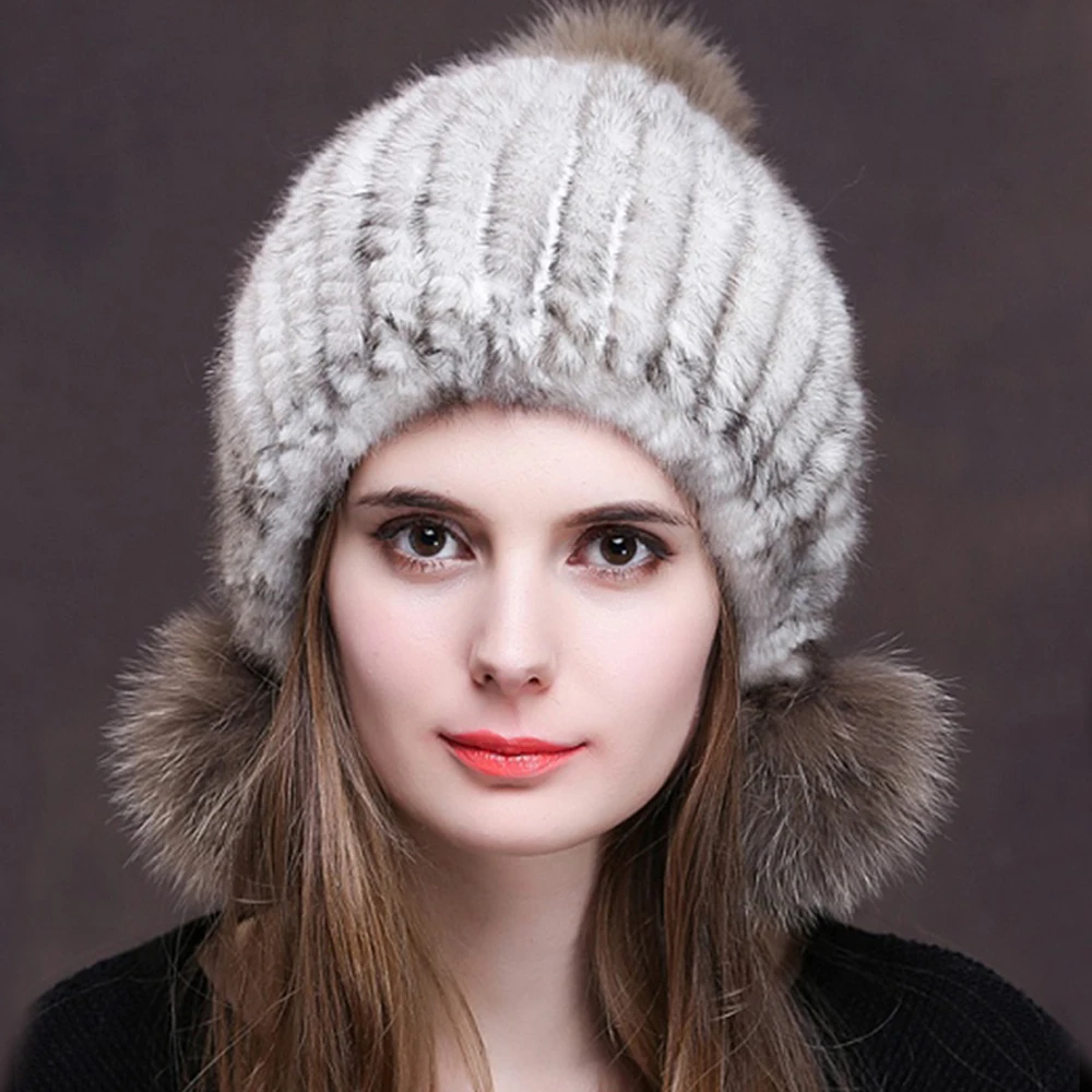 Women Real mink Fur Hat Natural mink fur Beanies Fur Caps Fashion lady Elastic Hat Winter Skullies fox fur pom poms