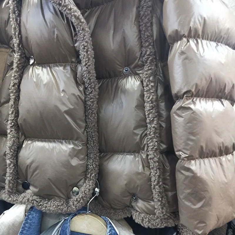 Зимняя женская парка, новинка, Корейская, свободная, стоячий воротник, глянцевая панель, искусственный мех ягненка, с подкладкой, женская, толстая, хлопковая парка, пальто