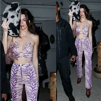 

Kendall Jenner same sexy purple printed tube top strap + high waist straight trousers suit