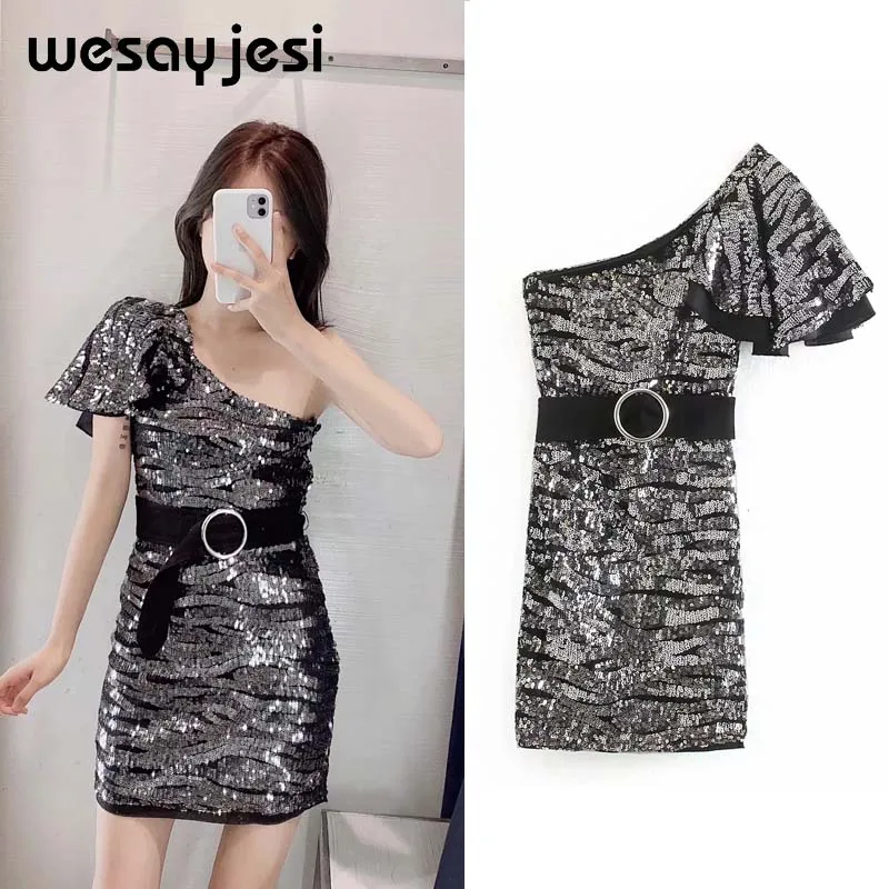 Женское платье vestidos в английском стиле, модное серебряное платье с блестками на одно плечо, Мини сексуальное платье для вечеринки