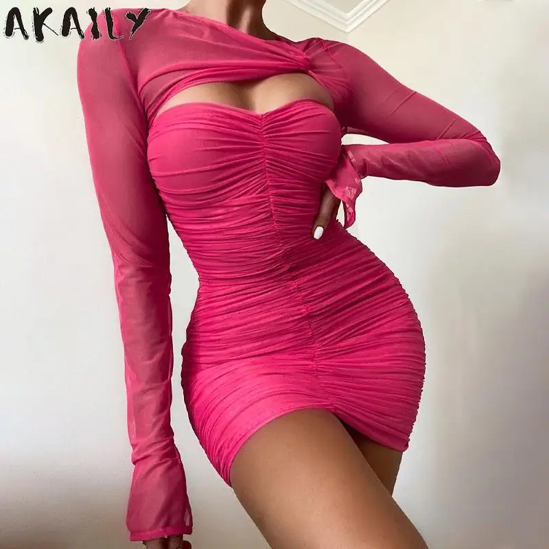 Akaily осенние розовые сексуальные сетчатые платья для женщин 2021 ажурные