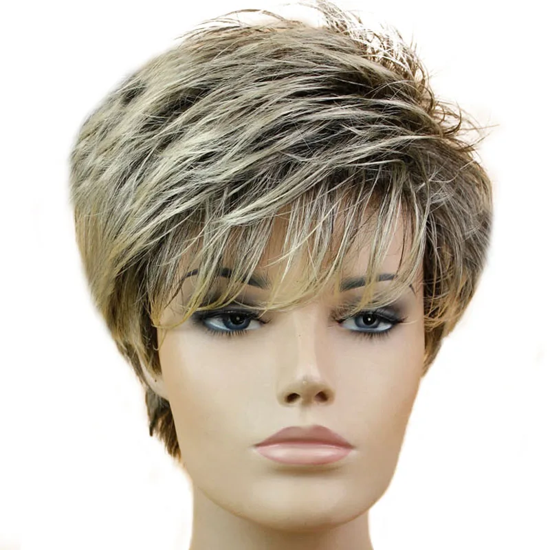 Прямой парик MISS WIG черный смешанный блонд Короткие парики для стрижки белых