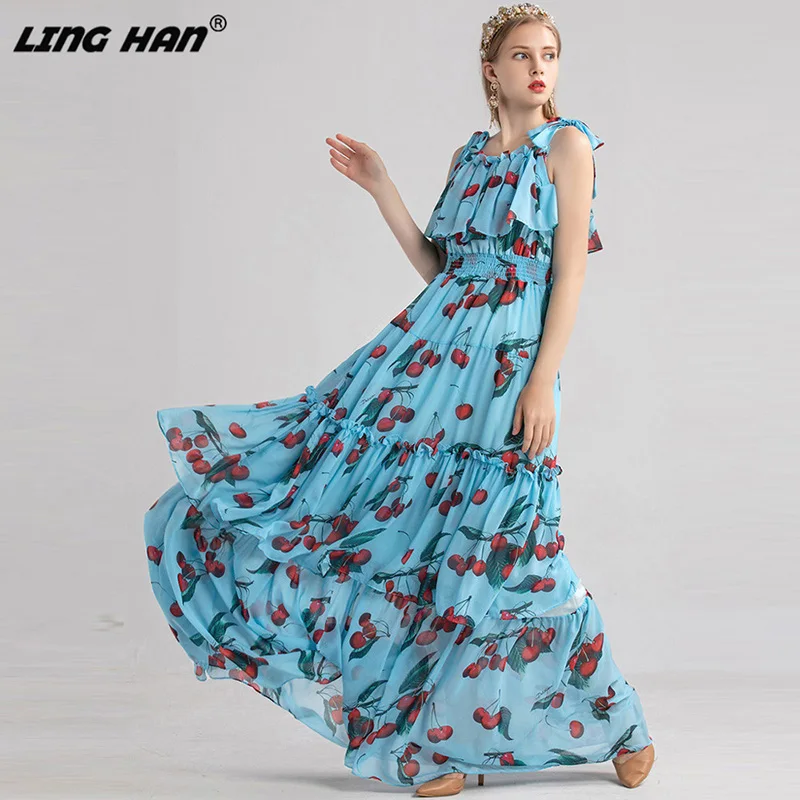 LINGHAN/модное дизайнерское платье для подиума; сезон весна-лето; женское платье на тонких бретельках с каскадными оборками в богемном стиле; Макси-платья