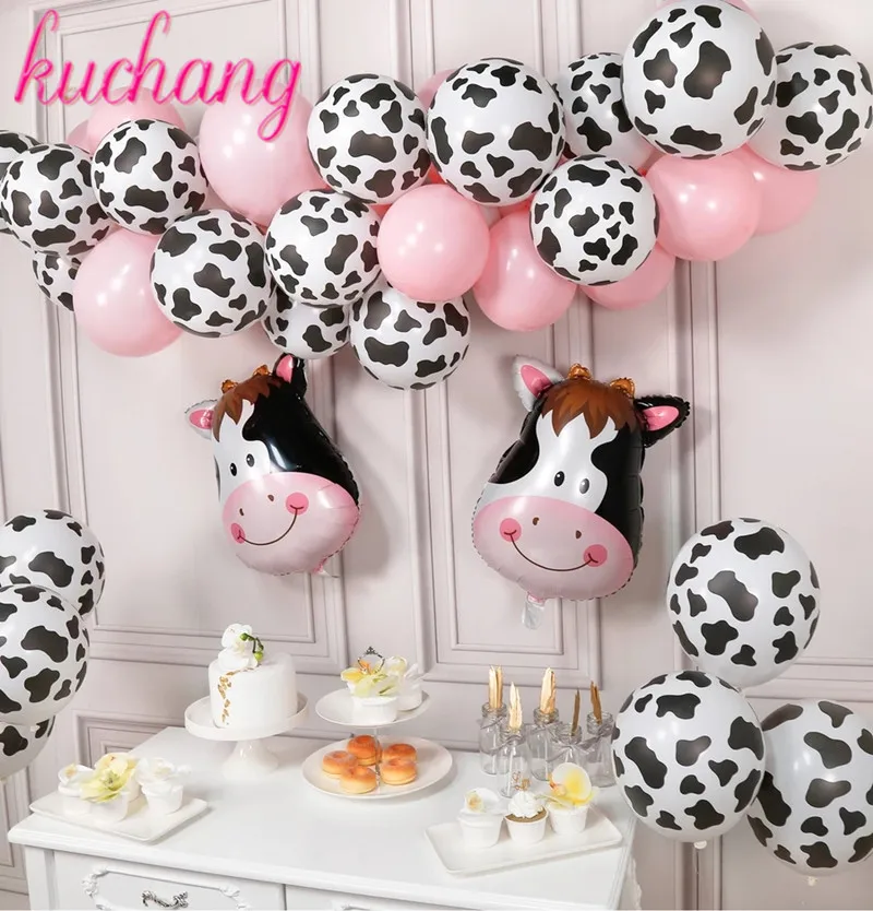 Вечерние воздушные шары из коровьей фольги и латекса, вечерние шары с изображением животных, розовые шары на день рождения, 39 шт