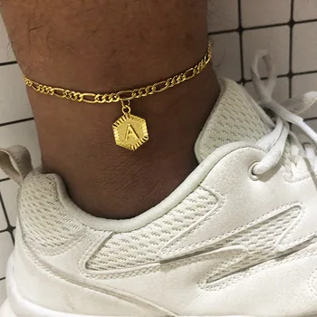 

Summer Hexagon Alphabet Leg Bracelets For Women Foot Jewelry Stainless Steel Feet Chain Friendship Gifts Letter Initial Anklet