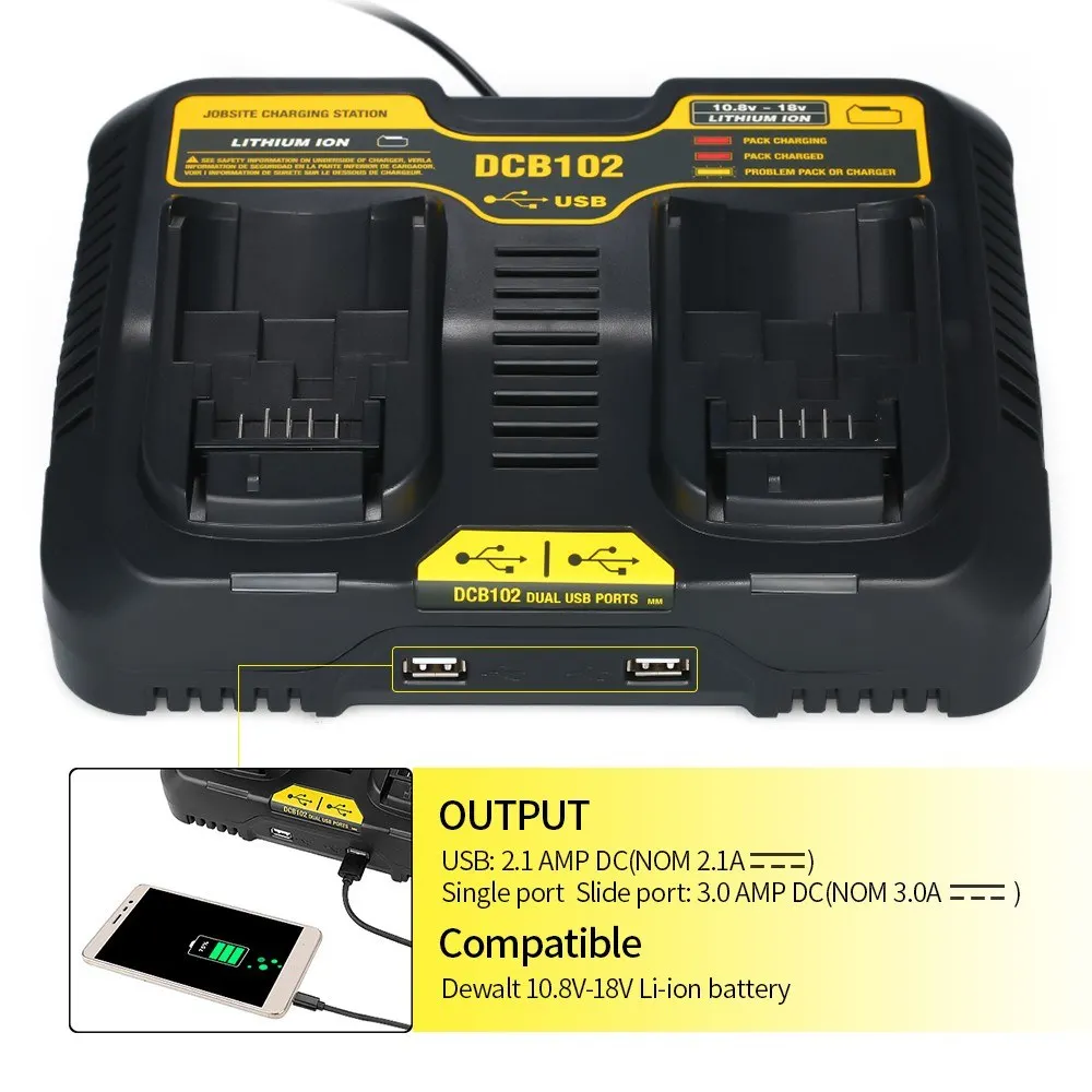 

Сменное зарядное устройство DCB102 для DEWALT DCB102, зарядная станция с максимальным напряжением 20 вольт, с двумя USB-портами, инструменты для зарядки аккумуляторов Dewalt