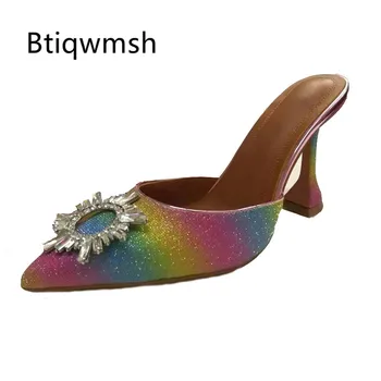 

2020 Rhinestone Sandals Women Pointed Toe Rainbow Sequined Mixed Colors Strange High Heel Shoes Woman Sexy Wedding Shoes