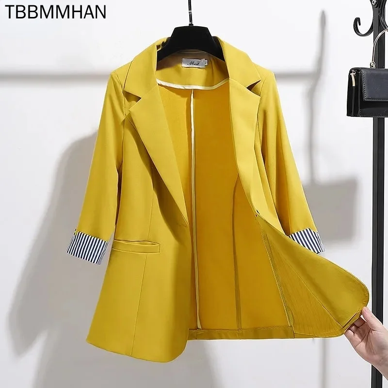 

Plus Size Spring Summer Thin Suit Jacket Korean Basic Office Lady Elegant Slim Blazers Casual Striped Three Quarter Sleeve Coat