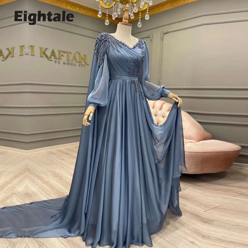 green evening gown Eightale Dubai Evening Dresses V Neck Beaded Cap Long Sleeves Arabic Prom Gown Muslim Party Dress Custom Made Plus Size plus size evening dresses