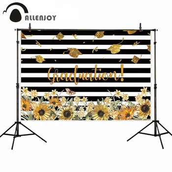 

Allenjoy Graduation Events Background Black White Stripe Golden Glitter Leaves Flowers Student Party Decor Autumn Backdrops Prop