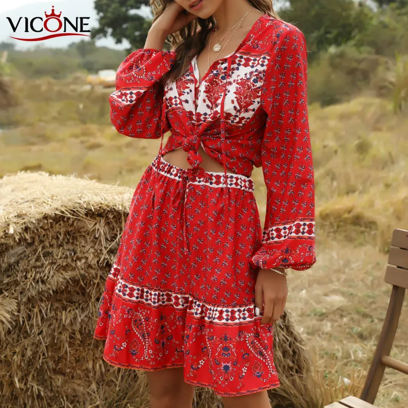 

VICONE 2020 Summer Bohemian Printed Lantern Loose-Fit Long Sleeve Skirt Tops Two Set Women 2 Piece Set