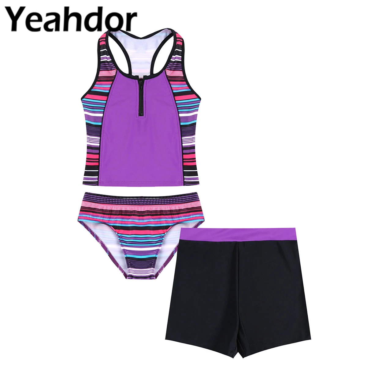 

3PCS Kids Girls Swimwear Beachwear Bathing Suit Tankini Set Scoop Neck Zipper Tank Top Shorts Stripped Bikini Bottom Swimsuit