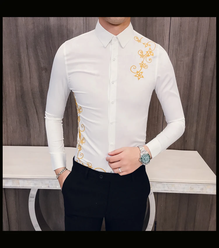 Новая Корейская вышитая рубашка мужская Kemeja Pria Slim Fit рубашка с длинными рукавами Мужская рубашка для выпускного вечера для клуба Camisa Masculina Весна