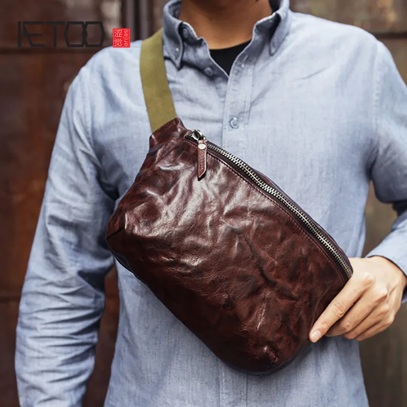 AETOO Men's chest bag, vintage handmade casual sports bag, plant tanning cowhide slanted waist bag